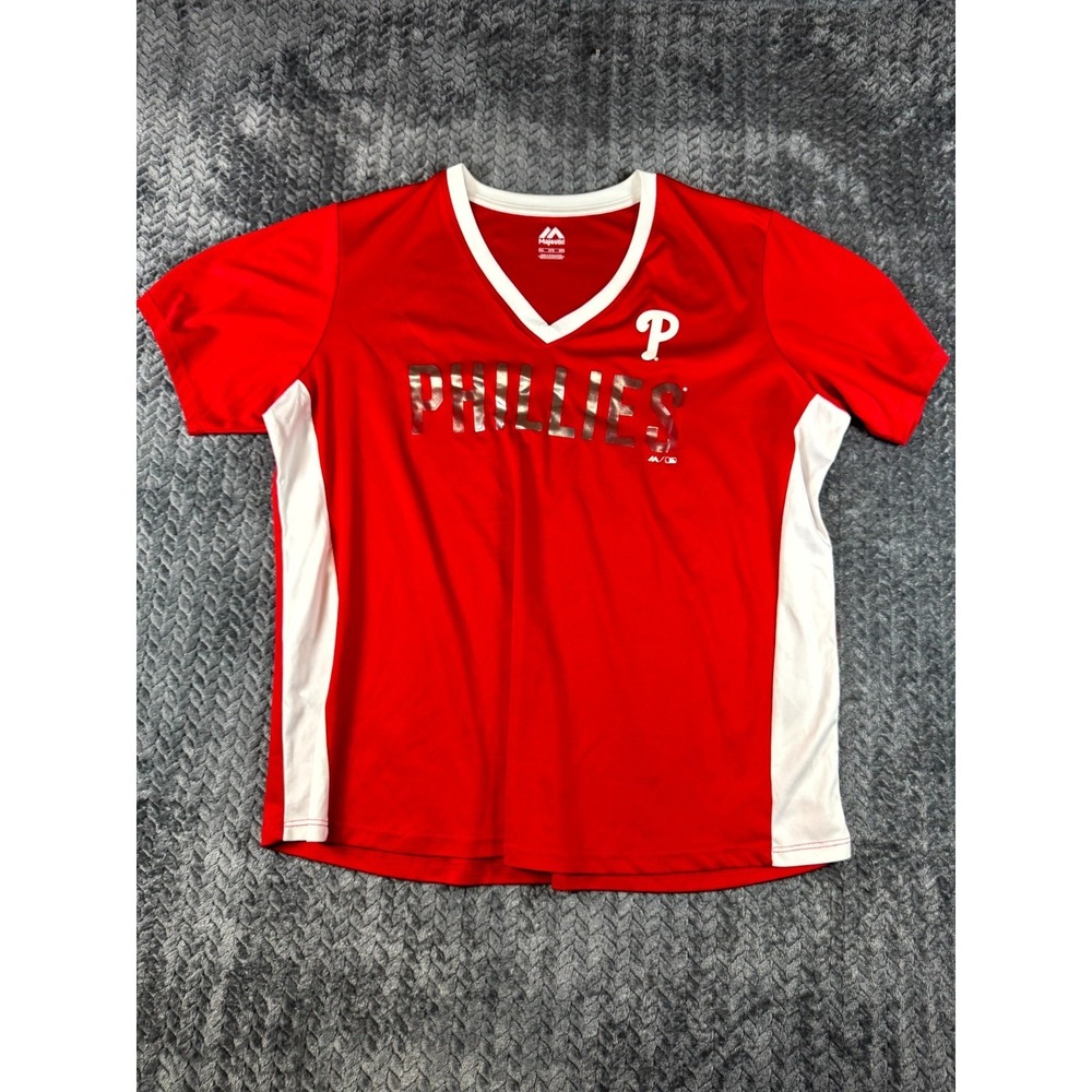 Philadelphia Phillies Jersey Womens 2XL Red Majestic Baseball Team MLB V-Neck